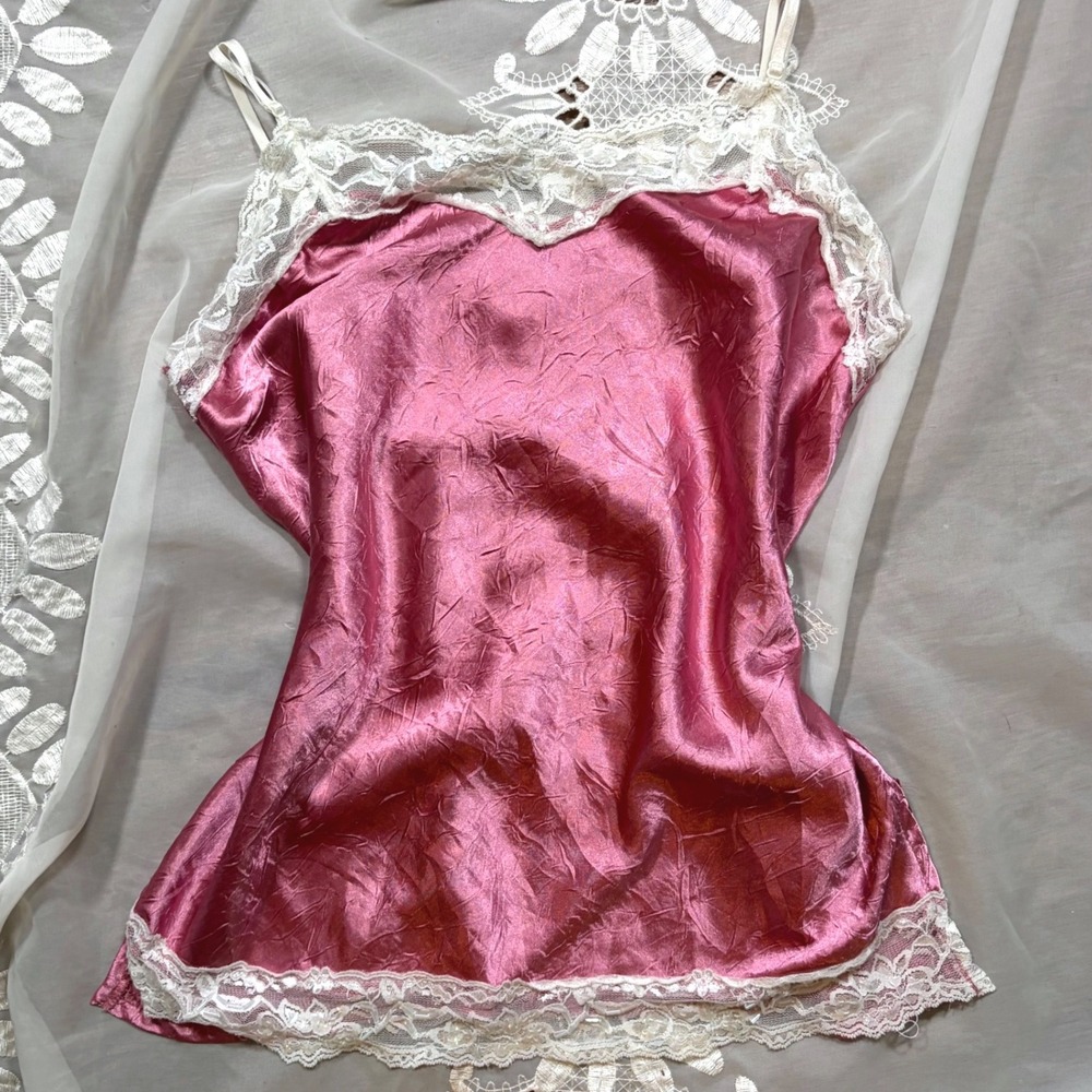 Y2K Fairy No Boundaries Dusty Rose Crushed Satin Lace Trim Cami Top Juniors M